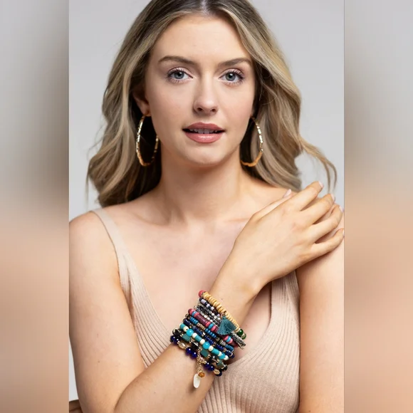 3148- Bohemian Multi Color Beaded Stretch Bracelet Set w Charms & Tassel Accent - Picture 3 of 5